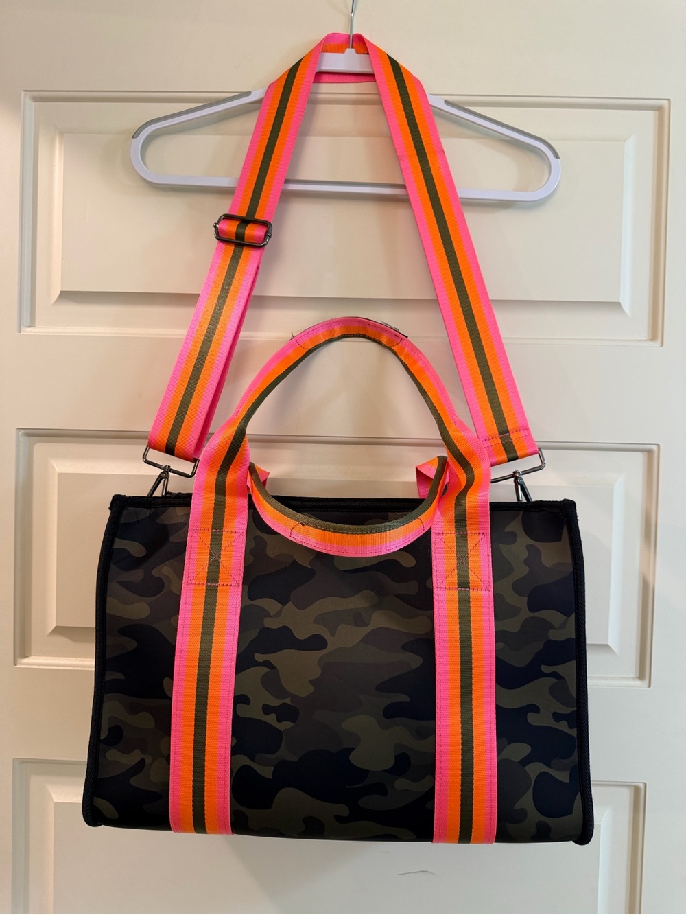 Camouflage Travel Tote with Neon Pink & Orange Straps